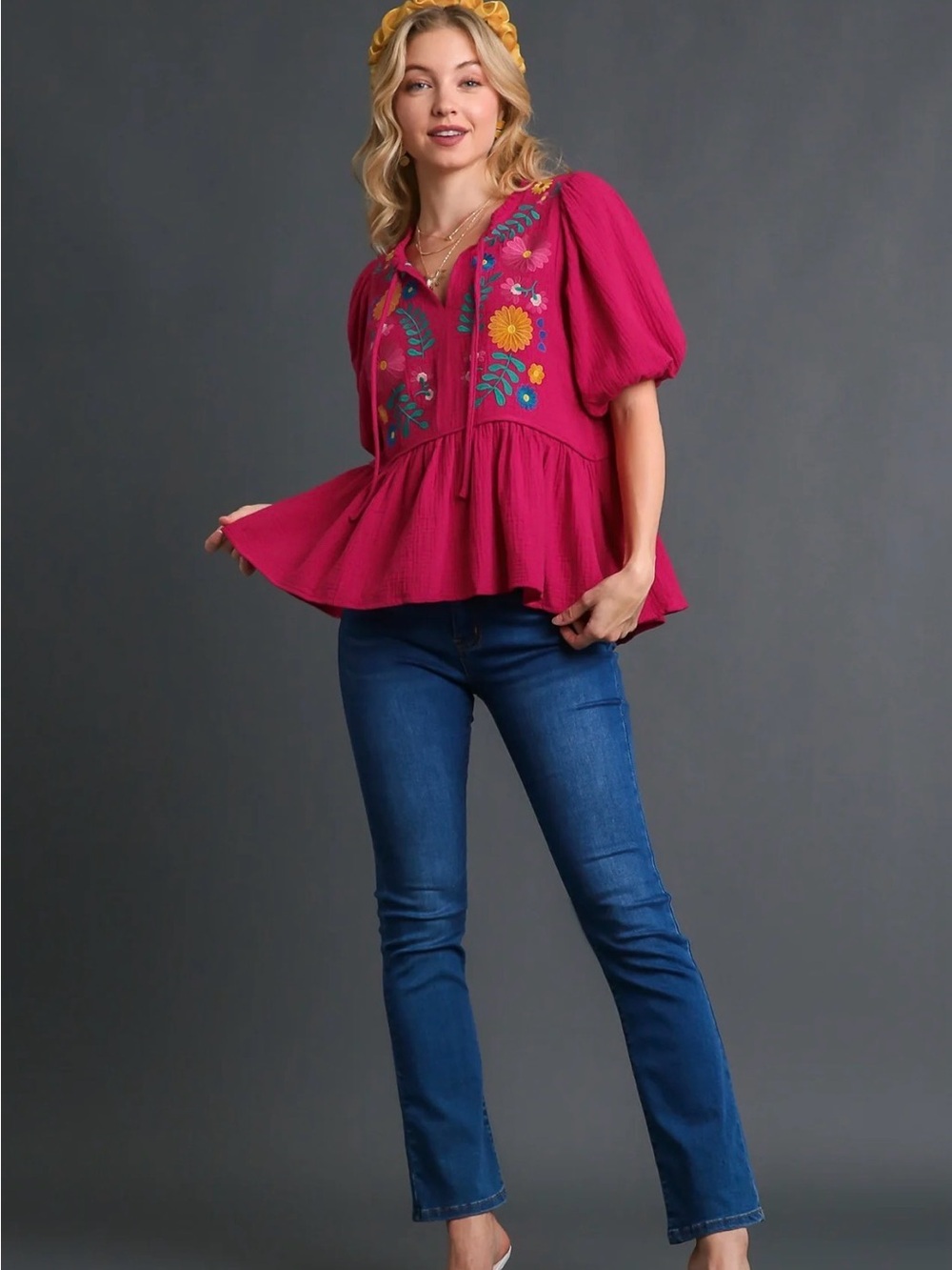 Umgee Floral Embroidery Gauze Boho Peasant Babydoll Top Blouse Size XL